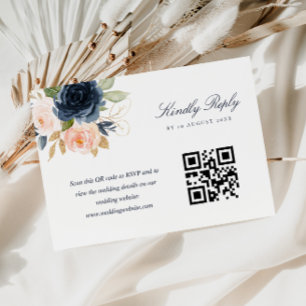 Marineblauw en blozende roze bloem QR-code RSVP-ka RSVP Kaartje