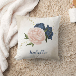 marineblauw en blozende roze bloemen groen kussen