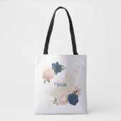 marineblauw en blozende roze bloemen groen tote bag (Voorkant)