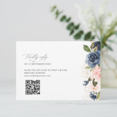 marineblauw en blush bruiloft QR code RSVP kaart (Staand voorkant)