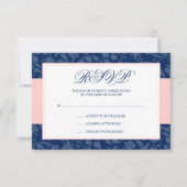 Marineblauw en Blush Roze Damast Swirl Bruiloft RS RSVP Kaartje (Voorkant)