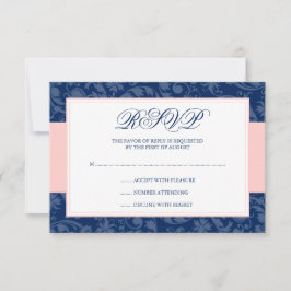 Marineblauw en Blush Roze Damast Swirl Bruiloft RS RSVP Kaartje