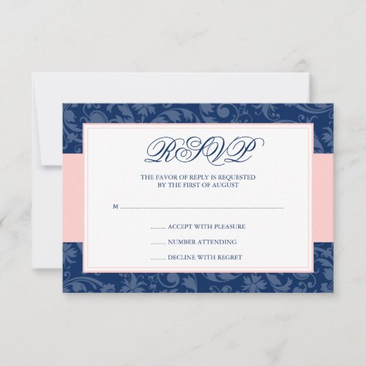 Marineblauw en Blush Roze Damast Swirl Bruiloft RS RSVP Kaartje (Voorkant)