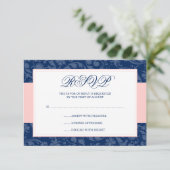Marineblauw en Blush Roze Damast Swirl Bruiloft RS RSVP Kaartje (Staand voorkant)