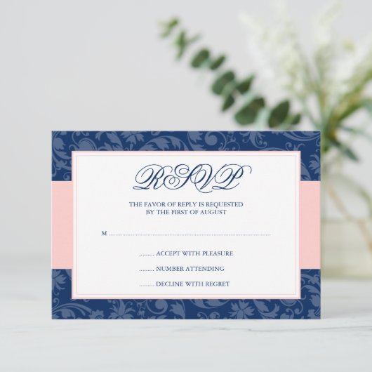 Marineblauw en Blush Roze Damast Swirl Bruiloft RS RSVP Kaartje (Staand voorkant)
