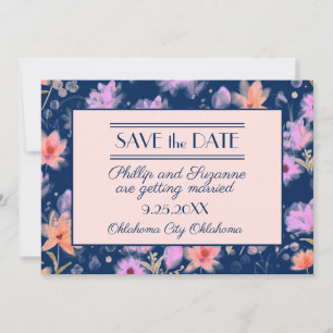 Marineblauw en Blush Roze Vintage Bloemige Save th Kaart
