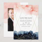 Marineblauw en Blush Waterverf Geometrische Trouwf Save The Date (Voorkant / Achterkant)