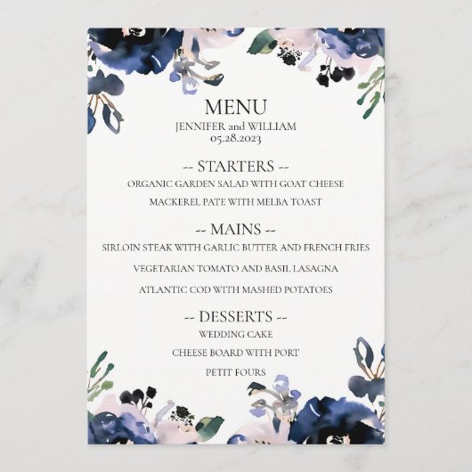 Marineblauw en Bord Roze Elegant Bloemenbruiloft Menu (Voorkant)