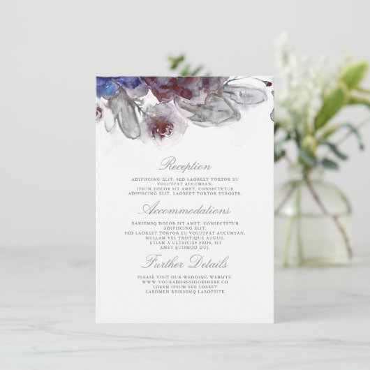 Marineblauw en Bourgondische bruiloft details Invo Informatiekaartje (Staand voorkant)