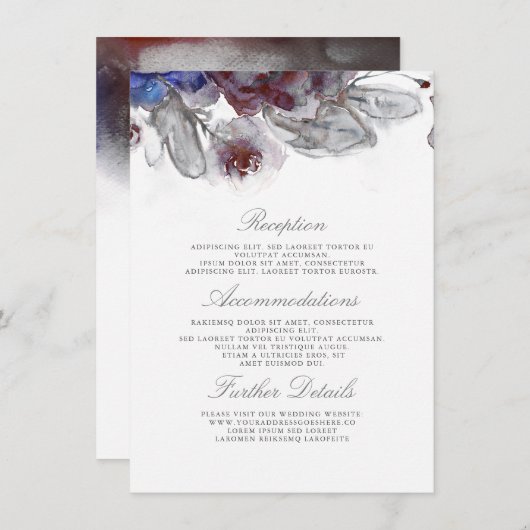 Marineblauw en Bourgondische bruiloft details Invo Informatiekaartje (Voorkant / Achterkant)