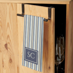 Marineblauw en Crème Gestreepte Patroon Monogram Theedoek