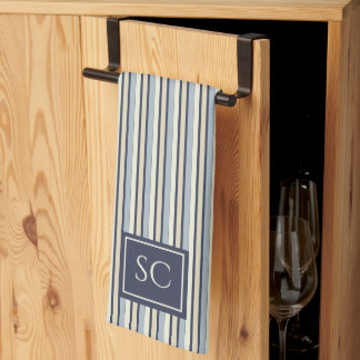 Marineblauw en Crème Gestreepte Patroon Monogram Theedoek