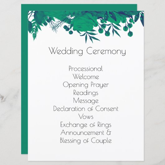 Marineblauw en Diep Groen Botanisch Huwelijksprogr (Voorkant / Achterkant)