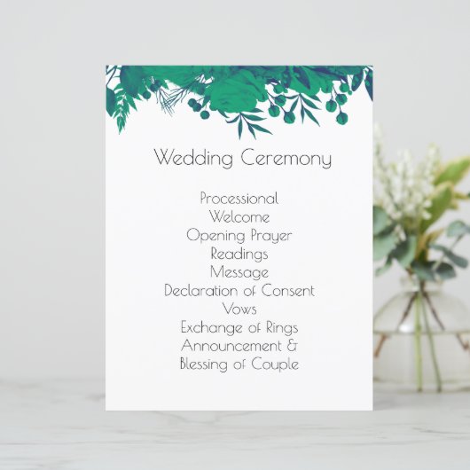 Marineblauw en Diep Groen Botanisch Huwelijksprogr (Staand voorkant)