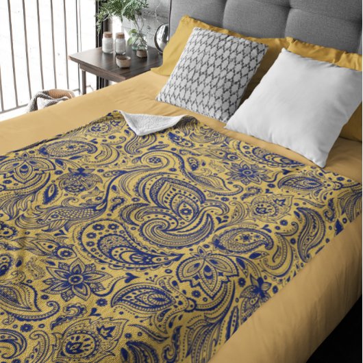 Marineblauw en geel  bloemen Paisley Fleece Deken