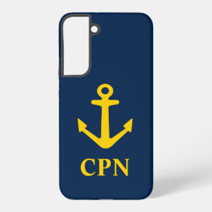 Marineblauw en geel nautisch anker gemerkt samsung galaxy hoesje