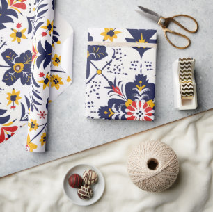 Marineblauw en Geel Traditioneel Volkskundig Medai Cadeaupapier