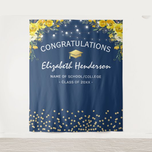 Marineblauw en gele bloemen achtergrond voor afstu wandkleed (Voorkant)