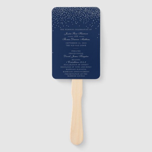 Marineblauw en glamour zilver confetti huwelijkspr handwaaier (Voorkant)
