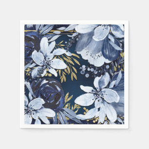 Marineblauw en goud elegant modern waterverf bloem servet
