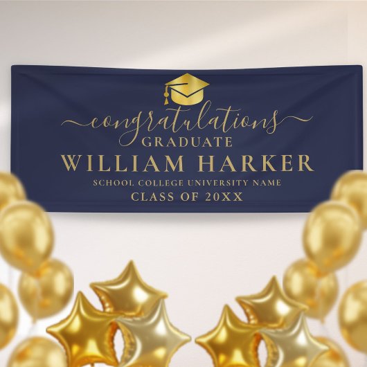 Marineblauw en goud elegante script afstuderen spandoek