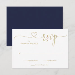 Marineblauw en goud elegante script hart RSVP kaar Kaartje
