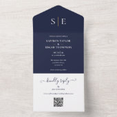 Marineblauw en Goud Monogram QR Code Bruiloft All In One Uitnodiging (Binnen)