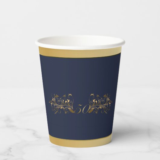 Marineblauw en Goud Vijftigste Bruiloft Jubileum Papieren Bekers (Achterkant)