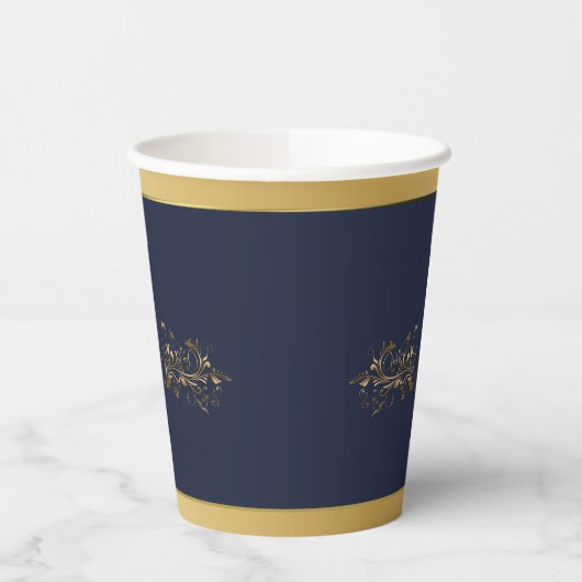 Marineblauw en Goud Vijftigste Bruiloft Jubileum Papieren Bekers (Links)