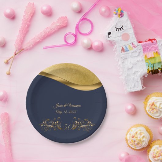 Marineblauw en Goud Vijftigste Bruiloft Jubileum Papieren Bordje (Feest)