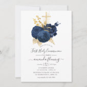 Marineblauw en goud vintage roos Heilige Communie Kaart (Voorkant)