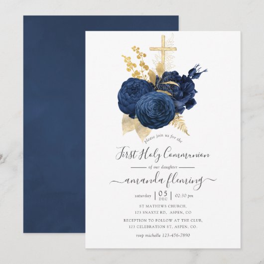 Marineblauw en goud vintage roos Heilige Communie Kaart (Voorkant / Achterkant)