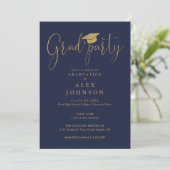 Marineblauw en gouden afstudeerfeest Script Afstud Kaart (Staand voorkant)