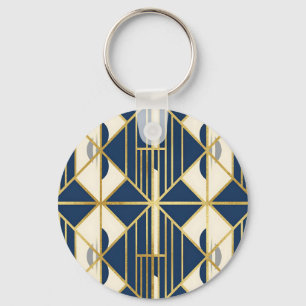 Marineblauw en gouden Art Deco geometrisch patroon Sleutelhanger