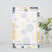 Marineblauw en gouden bloempatroon monogram briefpapier (Staand voorkant)