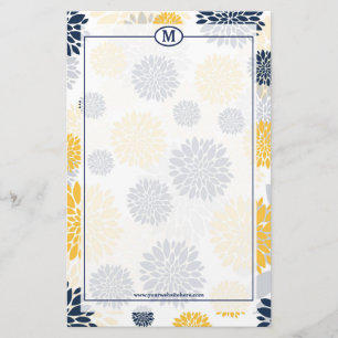 Marineblauw en gouden bloempatroonmonogram briefpapier