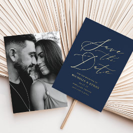 Marineblauw en Gouden Calligrafie Foto Save the Da Folie Uitnodiging