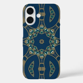Marineblauw en gouden geometrisch achthoekpatroon iPhone 16 hoesje