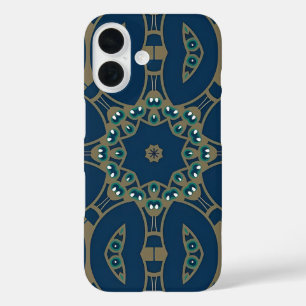 Marineblauw en gouden geometrisch achthoekpatroon iPhone 16 hoesje