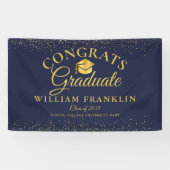 Marineblauw en gouden glitters moderne afstuderen spandoek (Horizontaal)