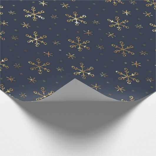  marineblauw en gouden kerstsneeuwvlok cadeaupapier (Hoek)