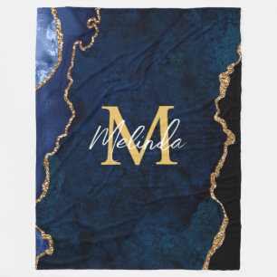 Marineblauw en gouden marmeren agaat fleece deken