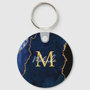 Marineblauw en gouden marmeren agaat sleutelhanger
