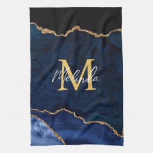 Marineblauw en gouden marmeren agaat theedoek