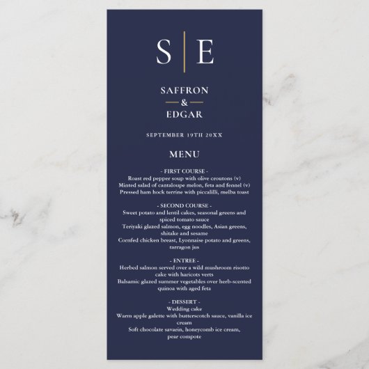 Marineblauw en gouden monogram trouwdiner menu (Voorkant)