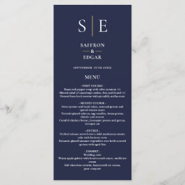 Marineblauw en gouden monogram trouwdiner menu