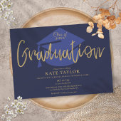 Marineblauw en gouden script afstudeerfeest kaart