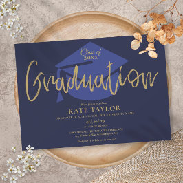 Marineblauw en gouden script afstudeerfeest kaart