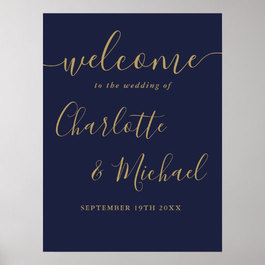 Marineblauw en gouden script bruiloft welkom teken poster (Voorkant)