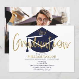 Marineblauw en gouden script foto afstudeerfeest kaart